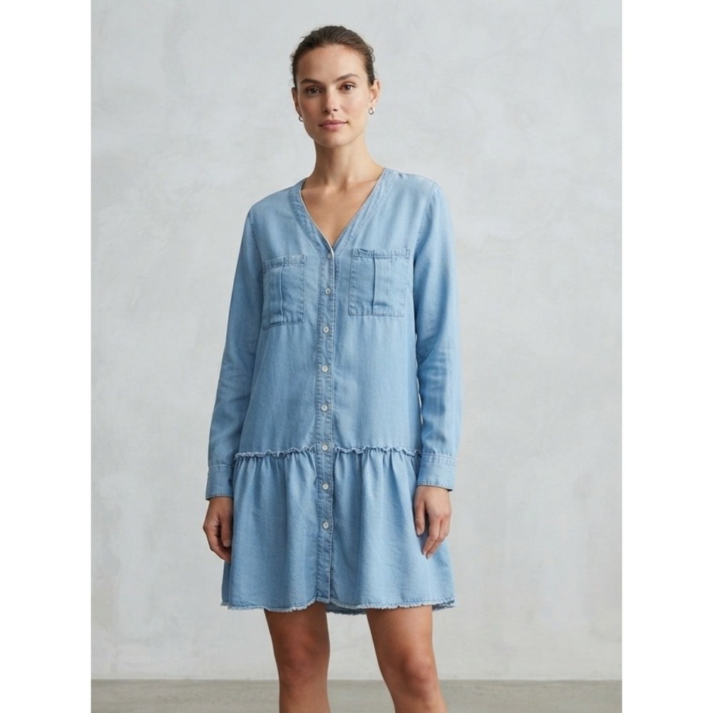Laurel Grey Lyocell Chambray Ruffle Drop Waist Button Down Shirt Dress Large